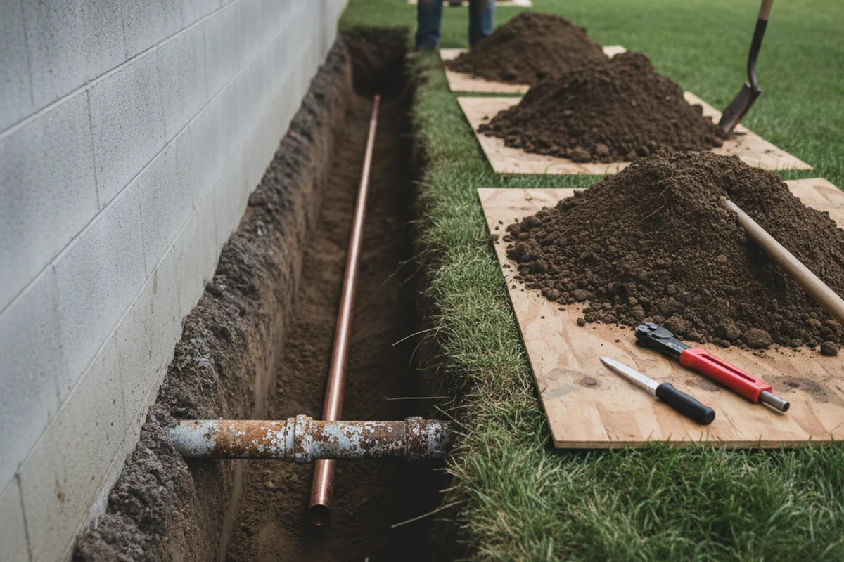 Excavated water line trench during Water Softener Installation in Gustine